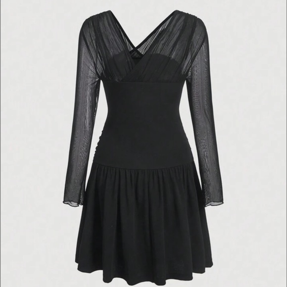 Asymmetrical Neck Ruched Ruffle Hem Mesh Dress - Picture 2 of 5